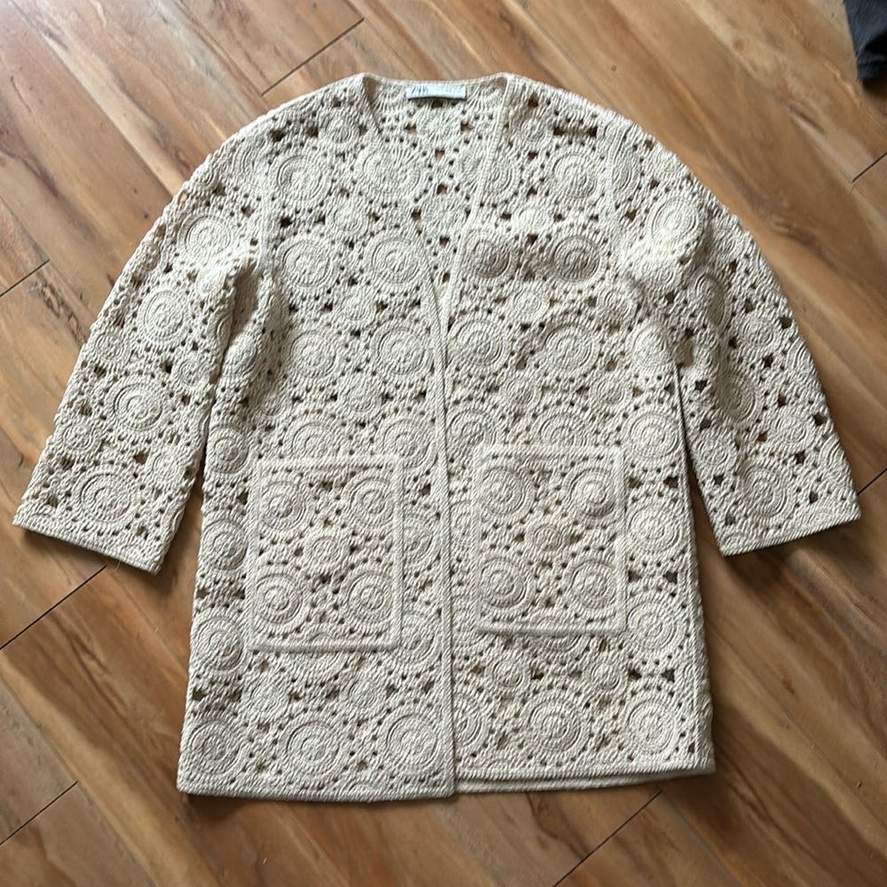 Zara knit crochet open front cardigan
